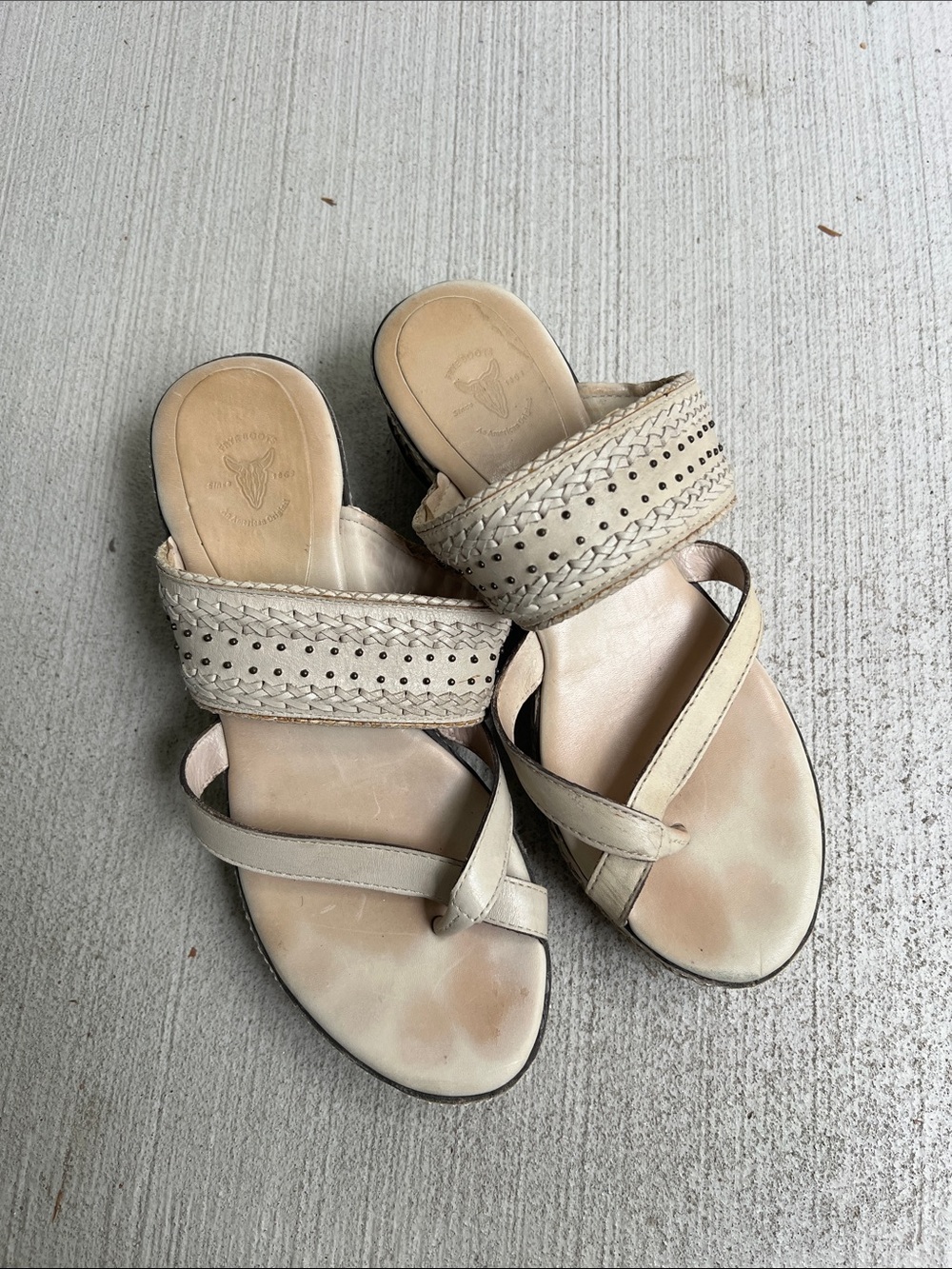 Frye Cream Braided Perforated Studded Leather Platform Sandals Toe Loop 8.5